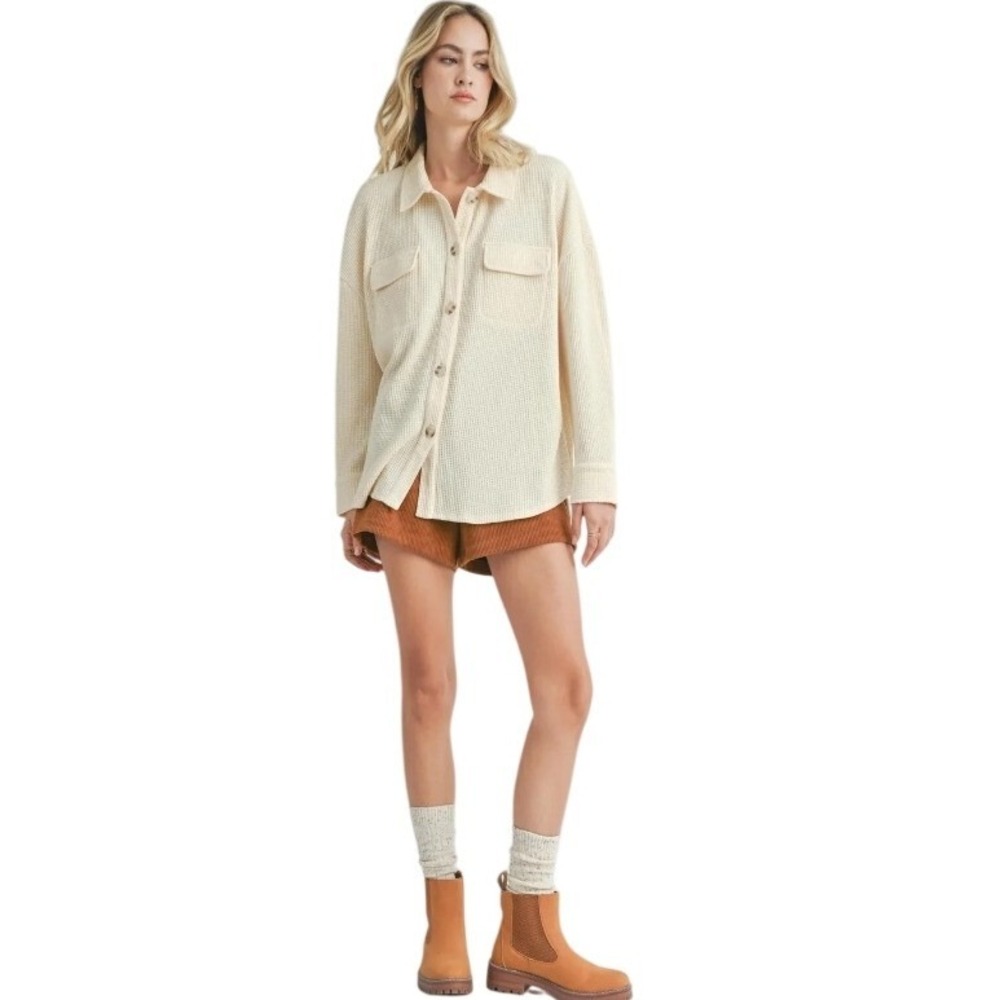 Sadie & Sage Ivory Waffle Knit Oversized Button Down Shirt Jacket NEW